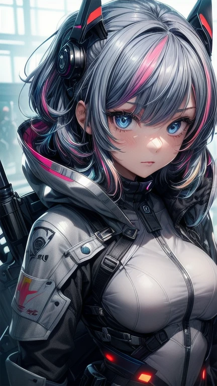 1girl, (masterpiece), best quality, expressive eyes, perfect face, anime girl with blue eyes and grey futuristic archer outfit, ((grey futuristic archer outfit)), ((wearing grey futuristic archer outfit)), ((((multicolored hair)))), ((rainbow hair)), small breast, (futuristic eye visor), shinig eyes, bracelet, ((carrying futuristic sword)), More Details, Add More Details