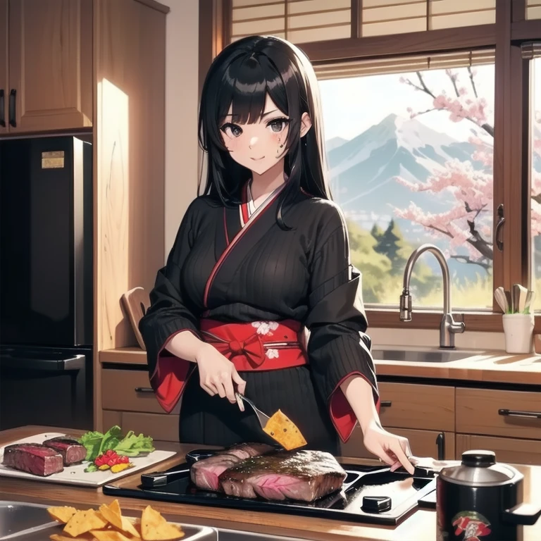 1girl, anime, black eyes, long black hair with square bangs, very long black hair, super long black hair, skirt and stockings, heels, black Japanese style kimono mixed with ribbed black sweater with red accents and sakura floral design, ((ribbed black sweater)) adult, (Japanese shrine/temple background), gamer, (((gamergirl))), kimono sleeves, garter, graceful, (((cooking beed steak in kitchen))), sushi on countertop, mountain dew energy drink/soda on countertop, bag of dorito chips on countertop, lots of completed dishes everywhere, lots of completed dishes in the background