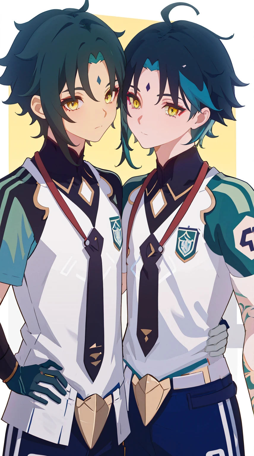 2 boys,dark green hair,highest quality,masterpiece,excessive,male focus,yellow eyes,beautiful eyes,beautiful boy,School,between men,Spouse,soccer club members,Blue soccer uniform,soccer,high school,soccer uniform,blue clothes,soccer court,teammates,same clothes,shoulder to shoulder,feminine,good friend,best image quality,