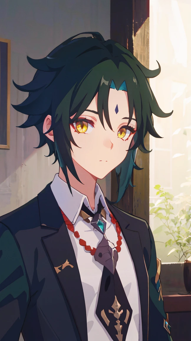 1 boy,dark green hair,highest quality,masterpiece,excessive,male focus,yellow eyes,beautiful eyes,beautiful boy,student,cutter shirt,cardigan,