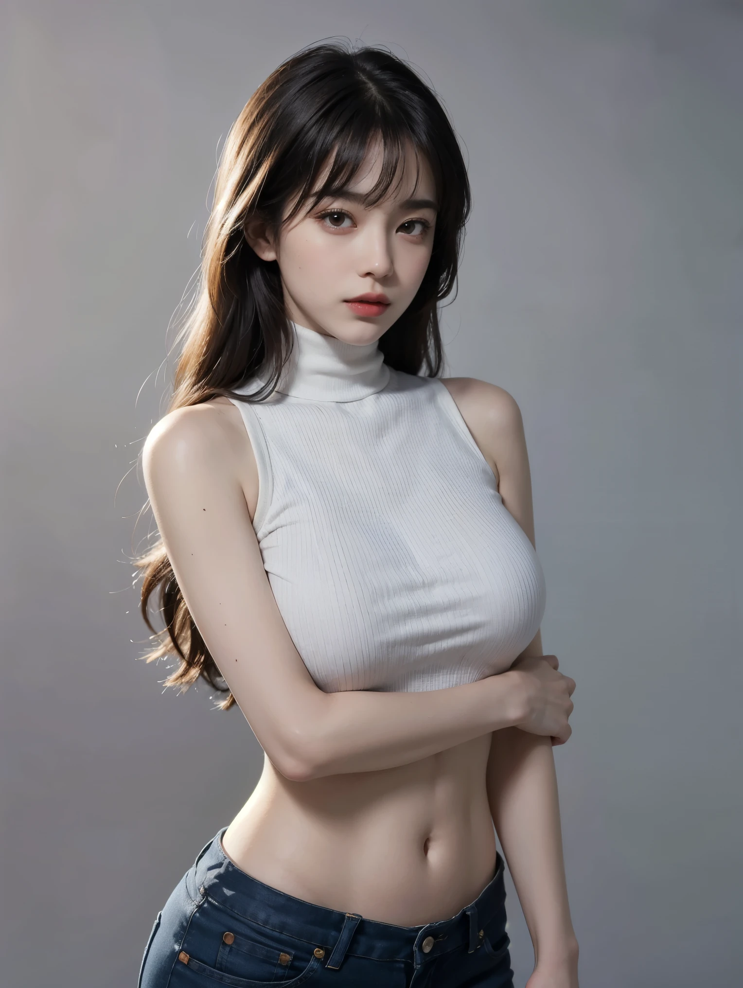 girl, bangs, bare shoulders, black pants, breasts, breasts squeezed together, gray background, hair between eyes, long hair, view viewer, pants, parted lips, red eyes, shirt, simple background, sleeveless, sleeveless shirt, solo, turtleneck sweater, v-arms, gray hair, (shiny skin), (Masterpiece: 1.4), (Best Quality: 1.4) Facigirl, Red Lips, Navel, (Clear Areola), Huge, Real Sweat, Greasy, Appropriate Posture