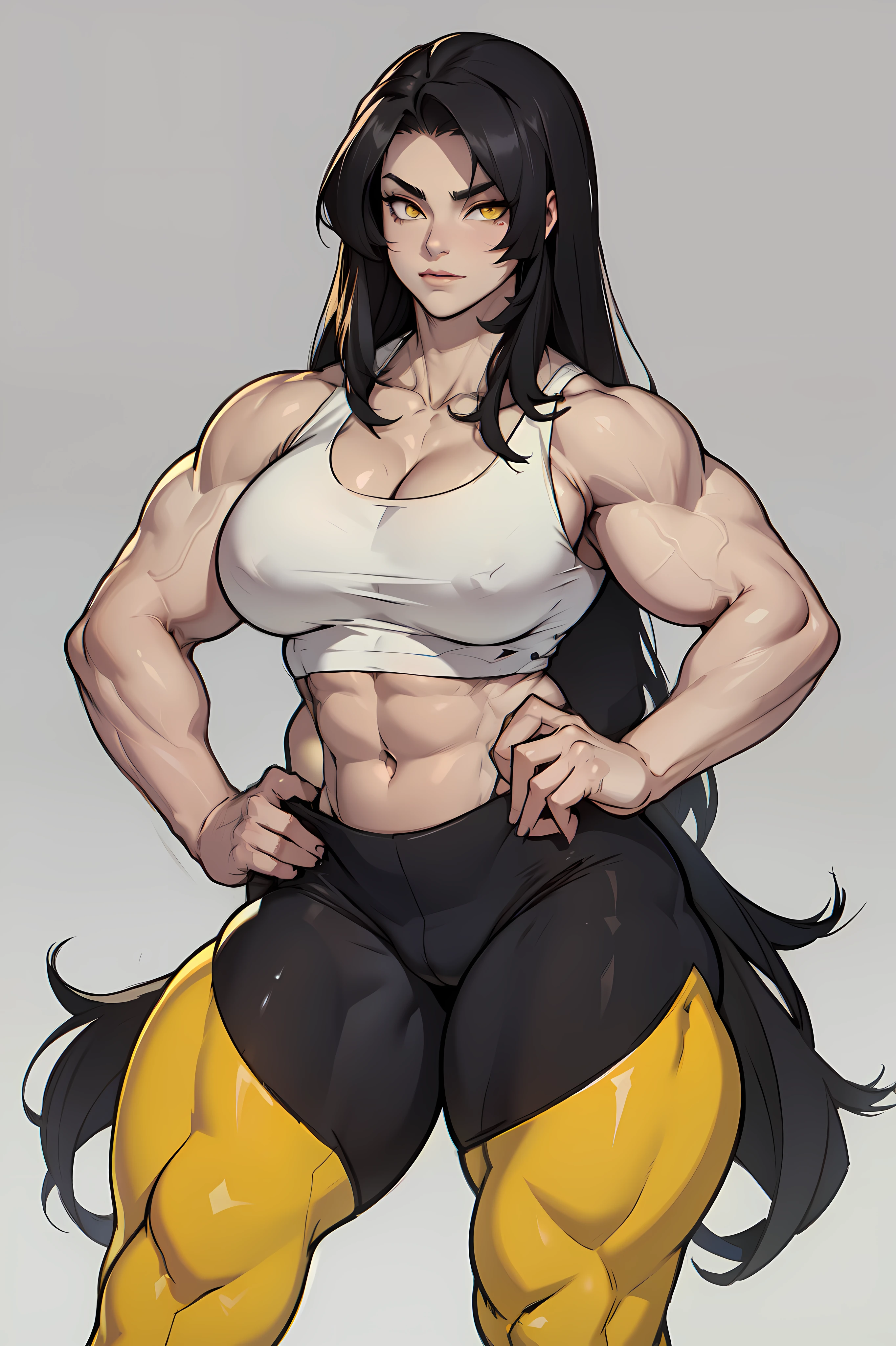 (((1girl bodybuilder))) pale skin black hair very long hair yellow eyes long abs (curvy wide hips thick thighs large breasts) tank top leggings