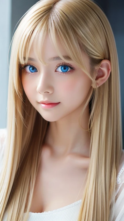 real photo quality、extraordinary sexy beauty、Beautiful calm and bright expression、Sexy refreshing look、Long bangs that fall on a perfect beautiful cute face、Super long blonde straight silky hair、blonde on a beautiful face、Very cute beautiful sexy young little woman、very perfect beautiful cute face、Beautiful bright sky blue eyes、very big eyes、hair above eyes、片hair above eyes、hair between eyes、Very radiant white skin、cheek gloss