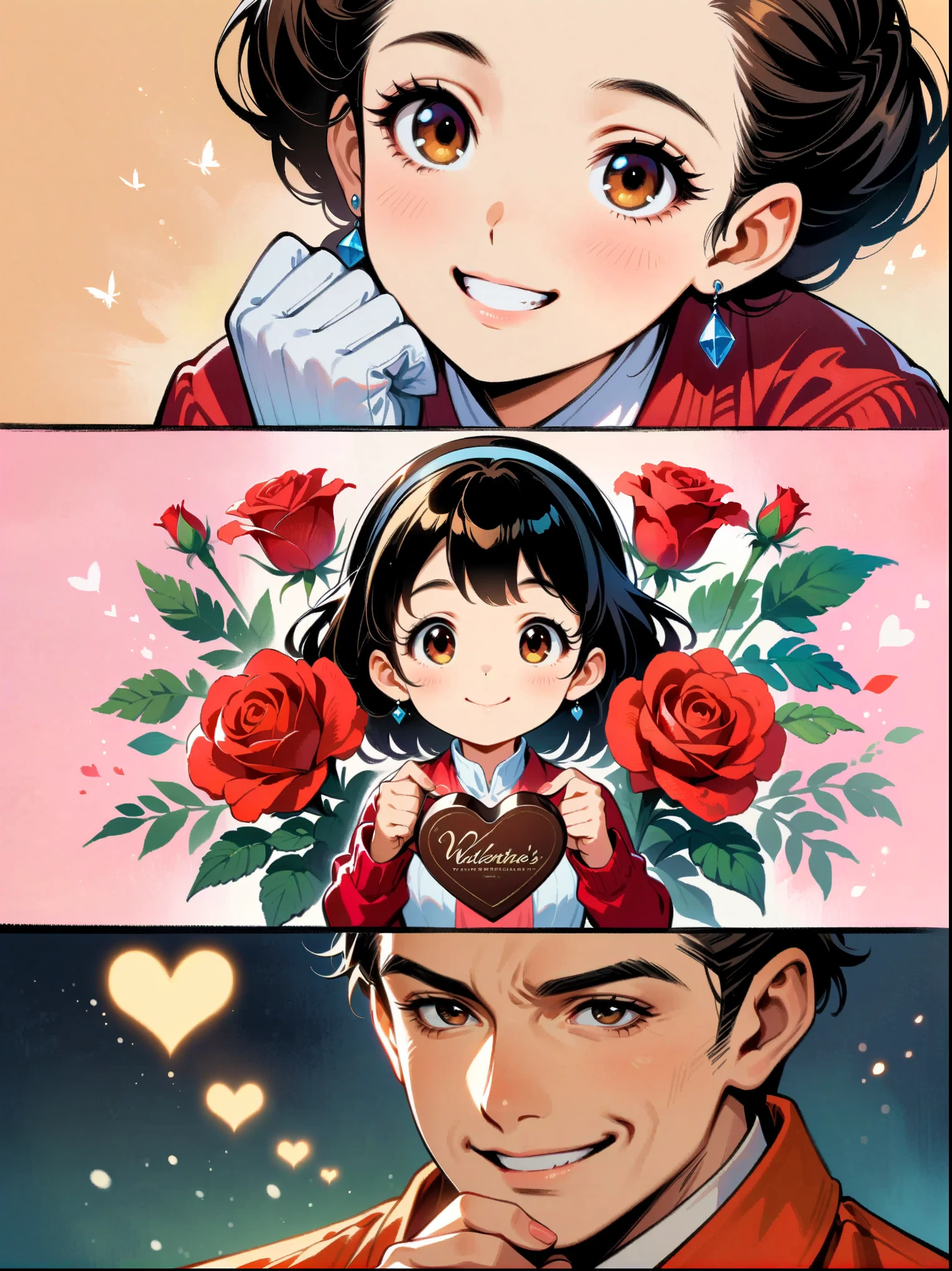 ink style, masterpiece, masterpiece,Couple Collage,1 man,1 woman,Valentine's Day,hapiness,Smile,chocolate,Rose,Heart,animation aesthetics, (Ghibli style colors, ultra high definition, masterpiece, precise, anatomically correct, textured skin, Super details, 8K)