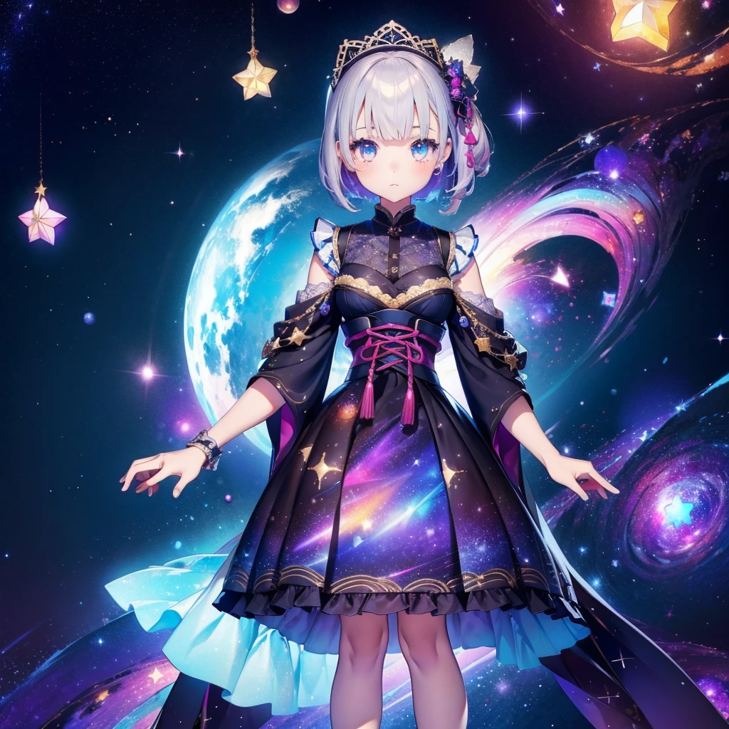 1girl、vtuber-fullbody、Star Fairy、「A beautifully printed galaxy patterned kimono and gothic ta outfit.、Space pattern box pleated mini skirt with ruffles、Front full body portrait、enchanting eyes、Perfect and stunning face、exquisite details、clear image、highest quality。」short hair、