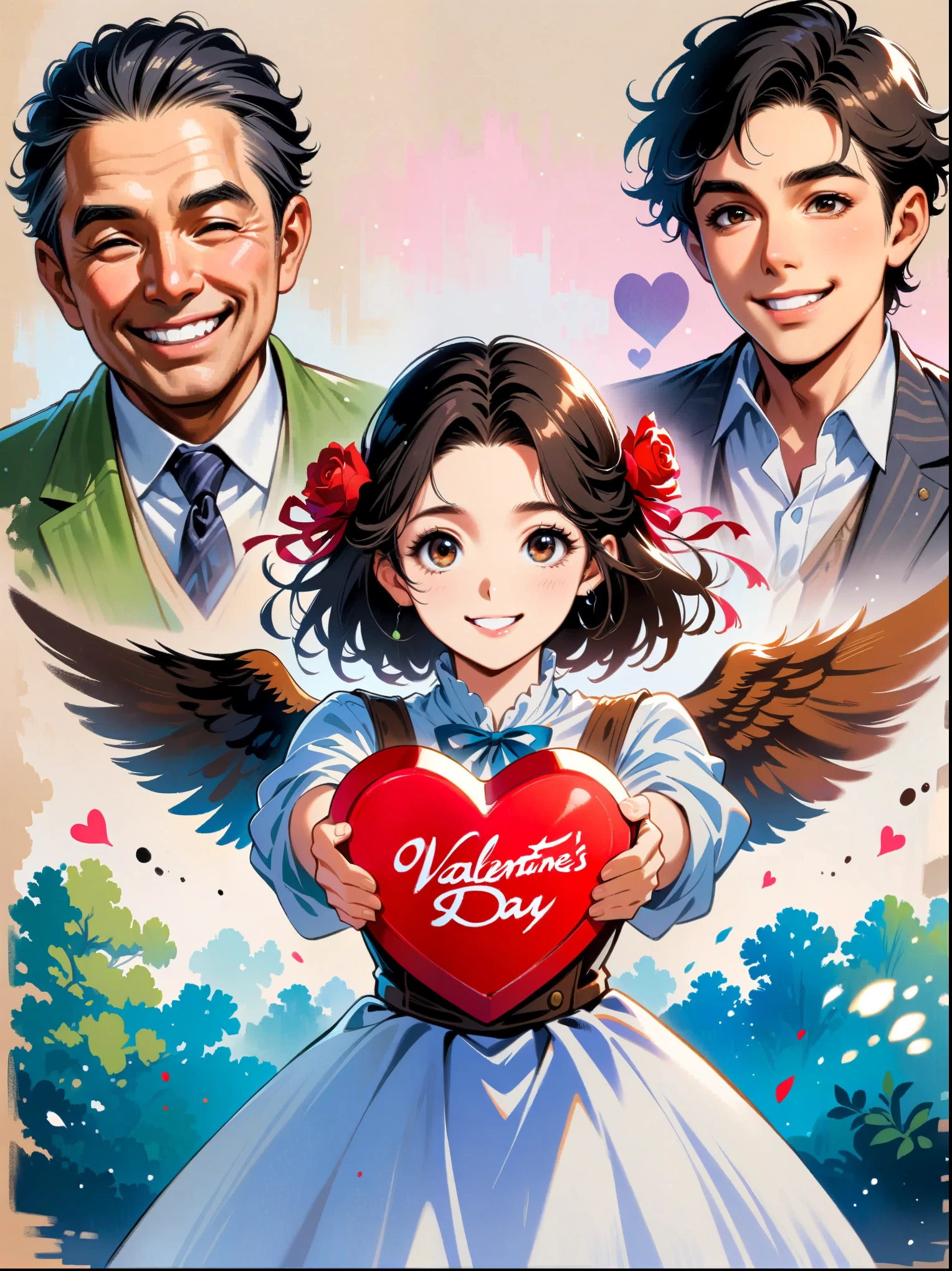 ink style, masterpiece，masterpiece, collage of couple, 1 guy, 1 woman, valentine, happy, smile, chocolate, roses, hearts，animation aesthetics, (Ghibli style colors, ultra high definition, masterpiece, precise, anatomically correct, textured skin, Super details, 8K)