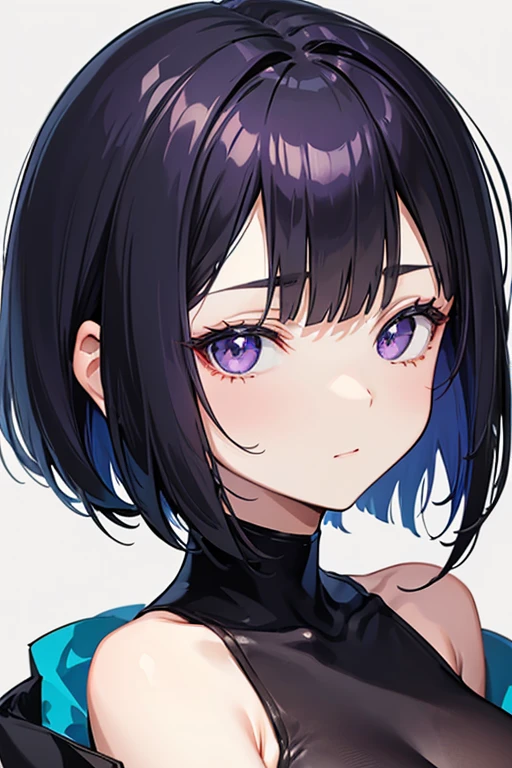 Anime-style portrait of a girl with a dark violet bob cut making eye contact with the camera, bright eyes, baby-faced, subtle smile, minimalistic background to emphasize character, high contrast, clean lines, digital painting, vivid colors, The girl wears her hair in a bob cut, cut at the jawline. Her hair is dark purple and her fringes are parted just in the middle of her forehead, barely peeking over her eyebrows. Other short hair frames the face on either side of the fringe, reaching just above the eyes, and the hair on the sides is clipped above the ears. The hair on top has slight volume and forms an overall rounded silhouette. The texture of the hair is smooth, shiny and lively. The ends of the hair are lightly styled inwards.