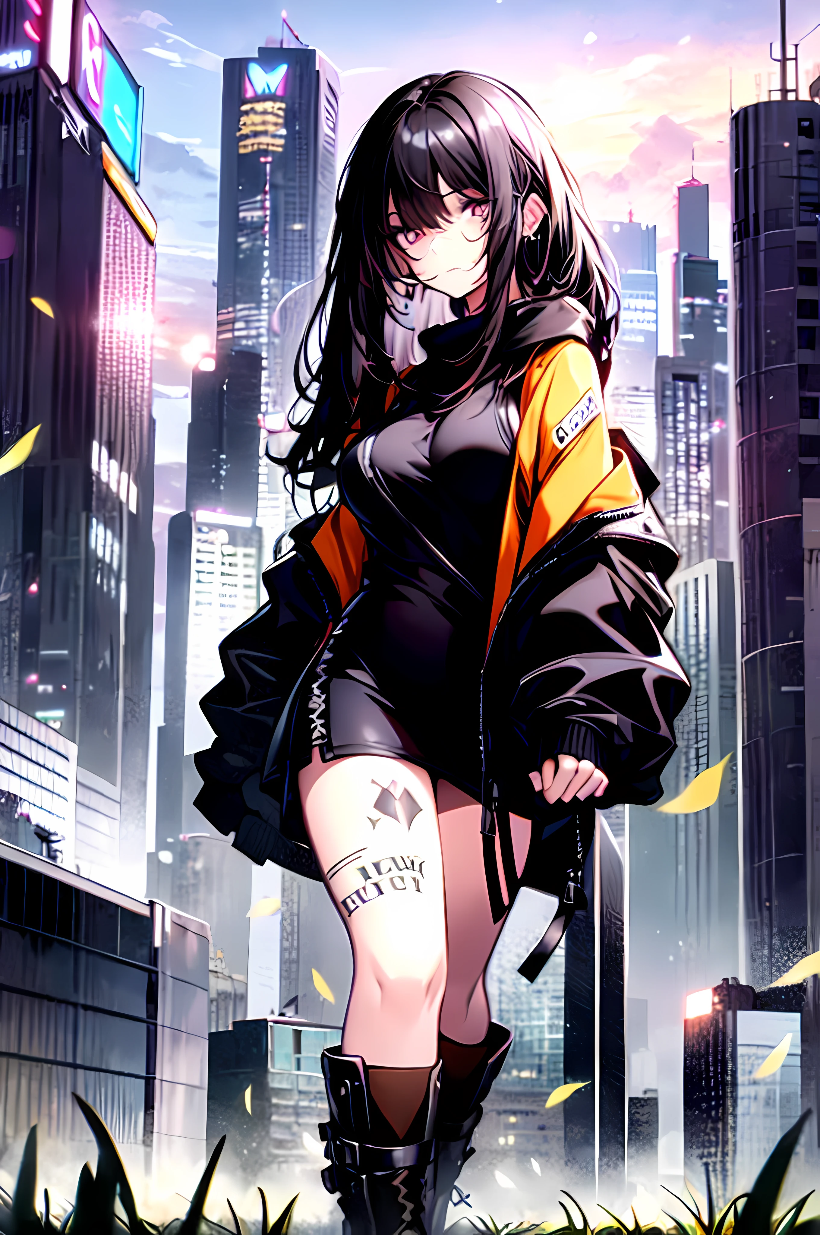 Young Caucasian woman with thick silky black hair, Wearing a black tank top, Leather black strap boots, dark black eyes, Big eyes, thick eyelashes, white pupils, body tattoo, earrings, Big eyes, wide々Standing alone in the grass, green grass, Green and purple sky, See the skyline stretching out in the distance, aurora, 8K high resolution, leather jacket, Dark bags under the eyes, black nails, city skyline, city, Mountain, the wind is strong, Gothic emotional depth,