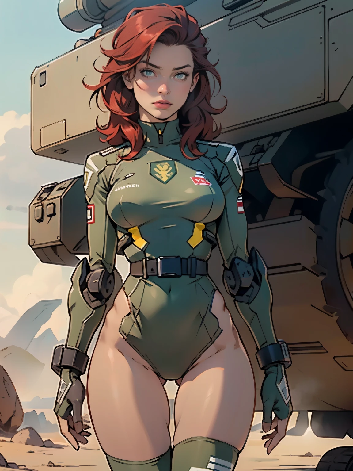 1woman 20 years old, military, beautiful, perfect body, realistic, red hair, perfect body, thin waist, , large breasts, slim thighs, desert background, armored vehicle, flying fighters, military robot dog, camouflaged uniform, wealth of details, tight panties, marking on the front, slender knees, highly detailed, high resolution, prefect hands, slender thighs, show knees, thigh gap, alert eyes