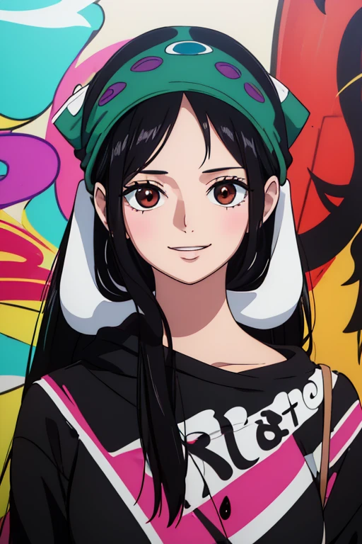 (best quality,4k,8k,highres,masterpiece:1.2), ultra-detailed, Animated, girl, mature face, long black hair, brown eyes, black hair, graffiti, girl graffer, durag, cool girl, flat, smile, kissing a cheek 