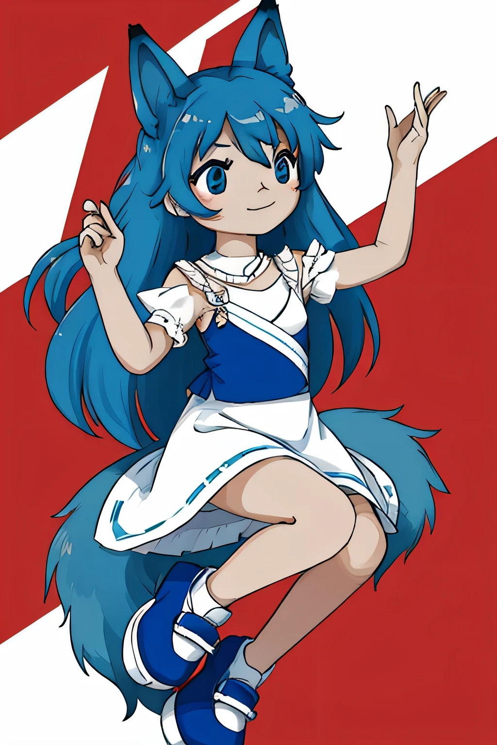 Super ultra happy cute, (((Flat board, Flat shading))), with wolf ears and blue hair, holding her cheeks, wolf tail, wearing a white summer dress, looking at veiwer, full body, upskirt, striped blue and white panties, sneakers