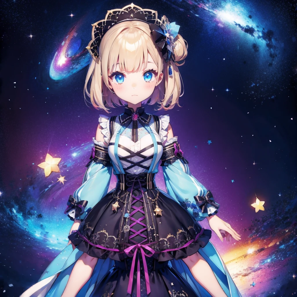 1girl、vtuber-fullbody、Star Fairy、「A beautifully printed galaxy patterned kimono and gothic ****ta outfit.、Space pattern box pleated mini skirt with ruffles、Front full body portrait、enchanting eyes、Perfect and stunning face、exquisite details、clear image、highest quality。」short hair、