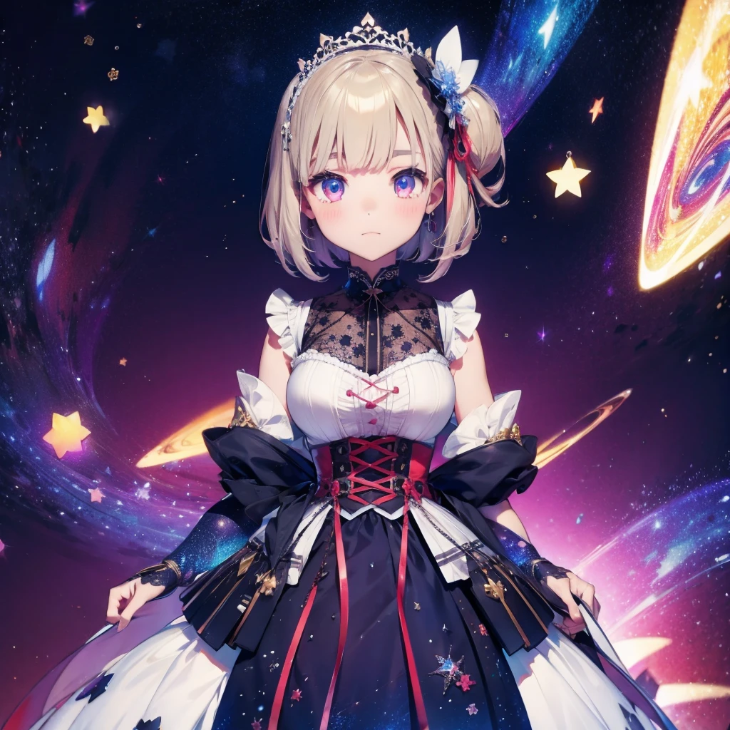 1girl、vtuber-fullbody、Star Fairy、「A beautifully printed galaxy patterned kimono and gothic ****ta outfit.、Space pattern box pleated mini skirt with ruffles、Front full body portrait、enchanting eyes、Perfect and stunning face、exquisite details、clear image、highest quality。」short hair、