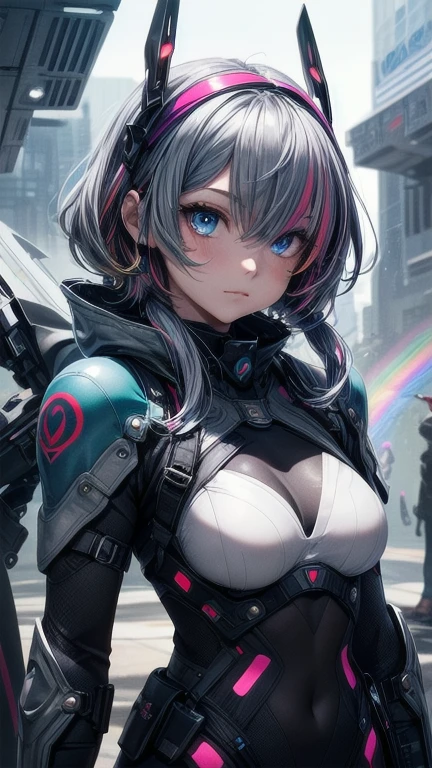 1girl, (masterpiece), best quality, expressive eyes, perfect face, anime girl with blue eyes and grey futuristic archer outfit, ((grey futuristic archer outfit)), ((wearing grey futuristic archer outfit)), ((((multicolored hair)))), ((rainbow hair)), small breast, (futuristic eye visor), ((shinig eyes)), bracelet, ((carrying futuristic sword)), More Details, Add More Details