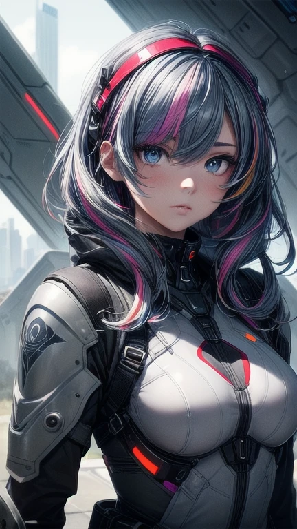 1girl, (masterpiece), best quality, expressive eyes, perfect face, anime girl with blue eyes and grey futuristic archer outfit, ((grey futuristic archer outfit)), ((wearing grey futuristic archer outfit)), ((((multicolored hair)))), ((rainbow hair)), small breast, (futuristic eye visor), ((shinig eyes)), bracelet, ((carrying futuristic sword)), More Details, Add More Details