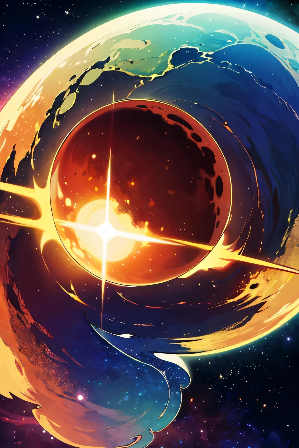 best quality,4k,8k,highres,masterpiece:1.2,ultra-detailed,(realistic,photorealistic,photo-realistic:1.37),cropped sticker,outline,colorful background,scenario,sun creation,nebula,void,samsara,universe,manga style