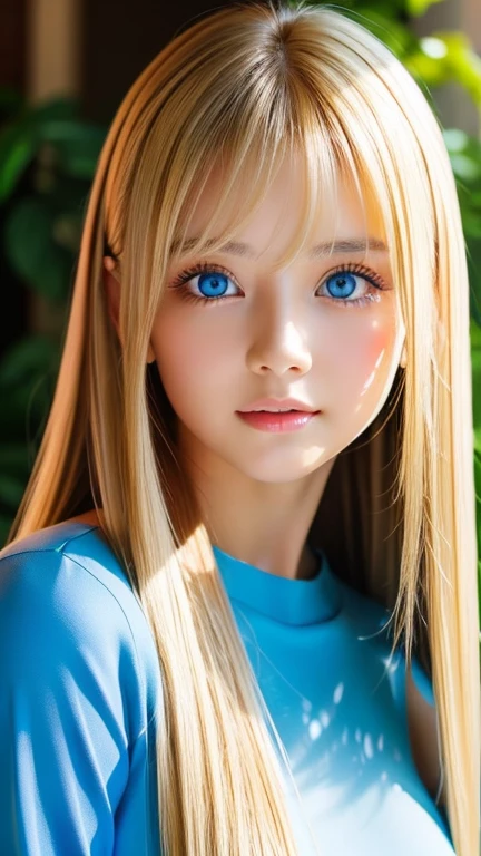 real photo quality、extraordinary sexy beauty、Beautiful calm and bright expression、Sexy refreshing look、Long bangs that fall on a perfect beautiful cute face、Super long blonde straight silky hair、blonde on a beautiful face、Very cute beautiful sexy young little woman、very perfect beautiful cute face、Beautiful bright sky blue eyes、very big eyes、hair above eyes、片hair above eyes、hair between eyes、Very radiant white skin、cheek gloss