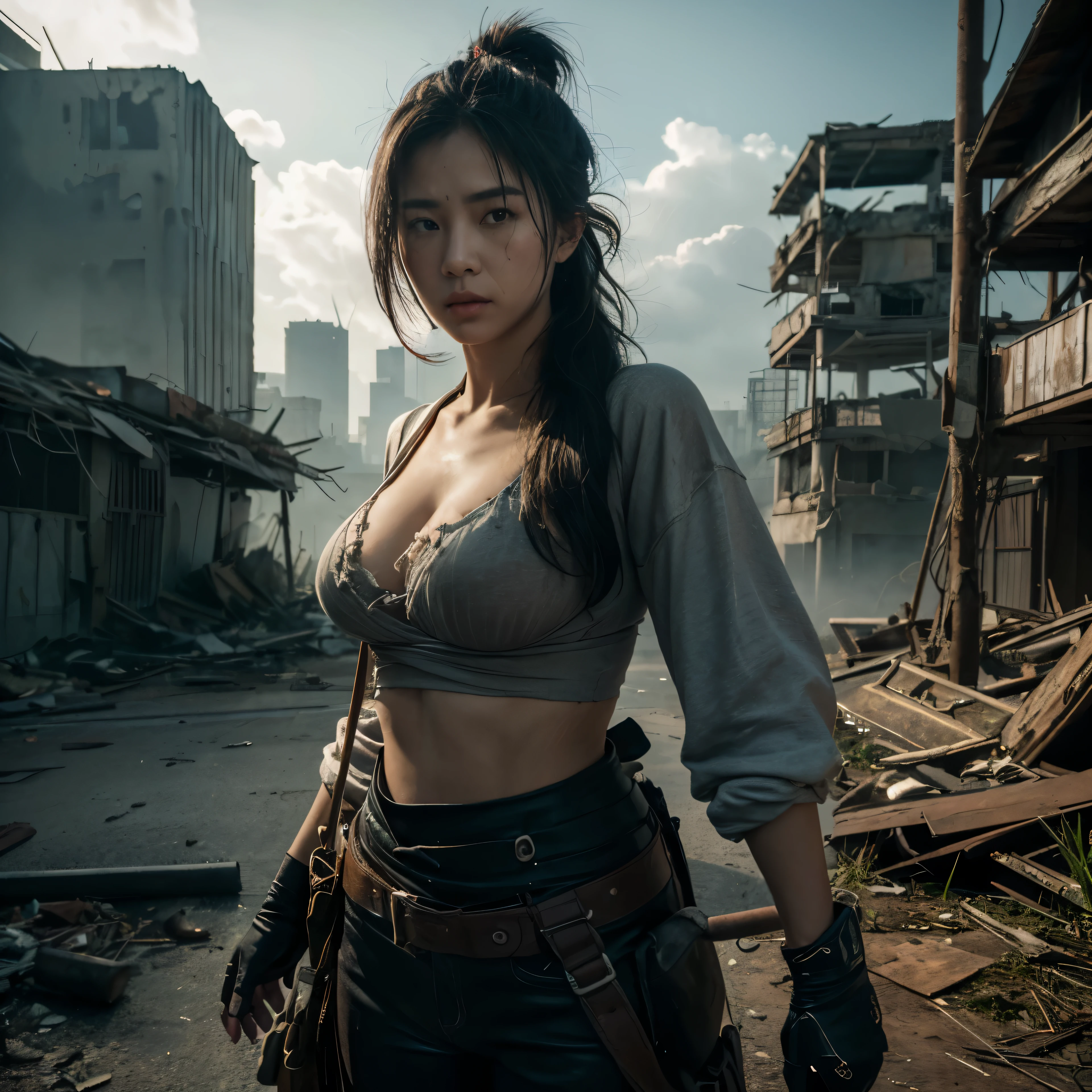 (highest quality、4K、High resolution、master piece: 1.2)、Super detailed、real: 1.37、Natural light、Portrait、surreal colors、futuristic style、Crumbling cityscape、Overgrown vegetation、Foggy atmosphere、Contrasting shadows、tattered clothes、A strong and confident gaze、Abandoned Objects、desolation、Destroyed building silhouette、vivid graffiti、Empowering pose、hair fluttering in the wind、Expressive facial features、unforgettable beauty、Dramatic sky、eerie clouds、intricate details、urban decline、post-apocalyptic setting、Ruins in nature 、Majestic Skyline、Desperate struggle、Creepy Presence、Thought of power、Enhanced Thought of power、intensity of emotions、Tense atmosphere、heroic attitude、intense action、Fearless Determination、Survival from all odds、Dangerous landscapes、Iconic battle、cinematic composition、epic showdown、A moment frozen in time、mysterious aura、fortitude、Women&#39;s Support、strong female protagonist、Fascinating story、Women's power、Fierce determination、Empowering Stories