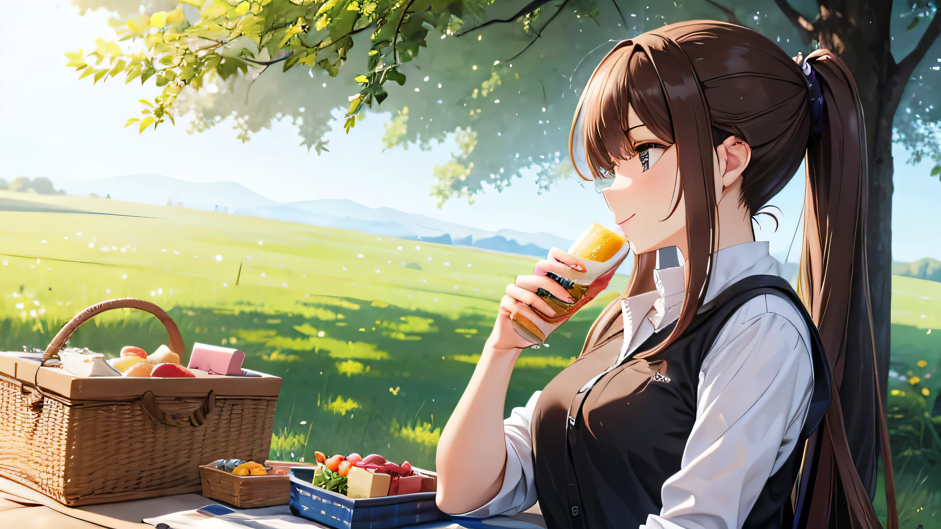 Ponytailed woman enjoying a picnic in nature