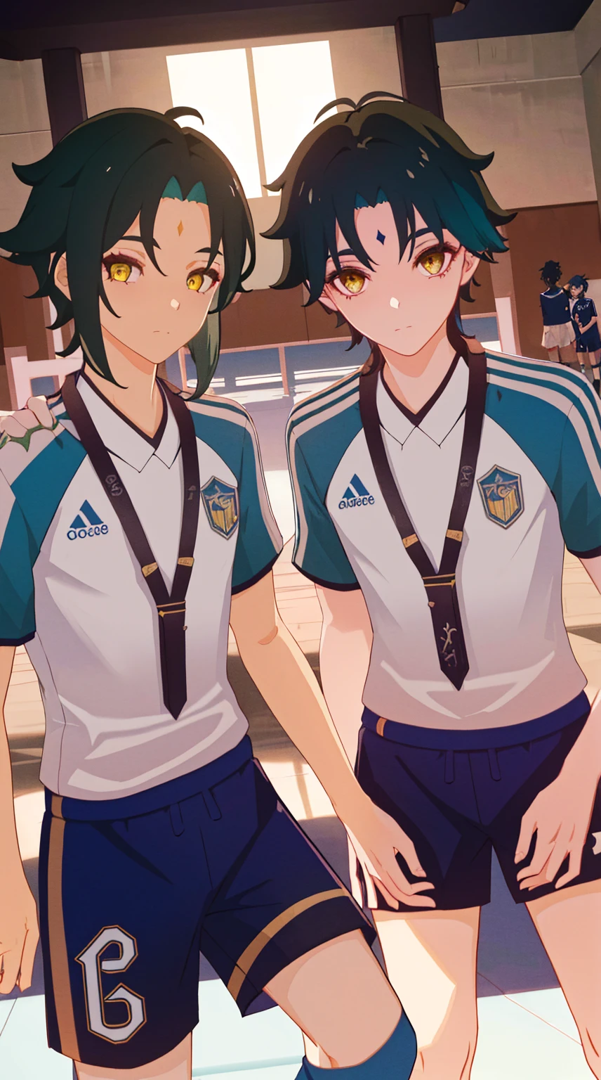 2 boys,dark green hair,highest quality,masterpiece,excessive,male focus,yellow eyes,beautiful eyes,beautiful boy,School,between men,Spouse,soccer club members,Blue soccer uniform,soccer,high school,soccer uniform,blue clothes,soccer court,teammates,same clothes,shoulder to shoulder,feminine,good friend,best image quality,