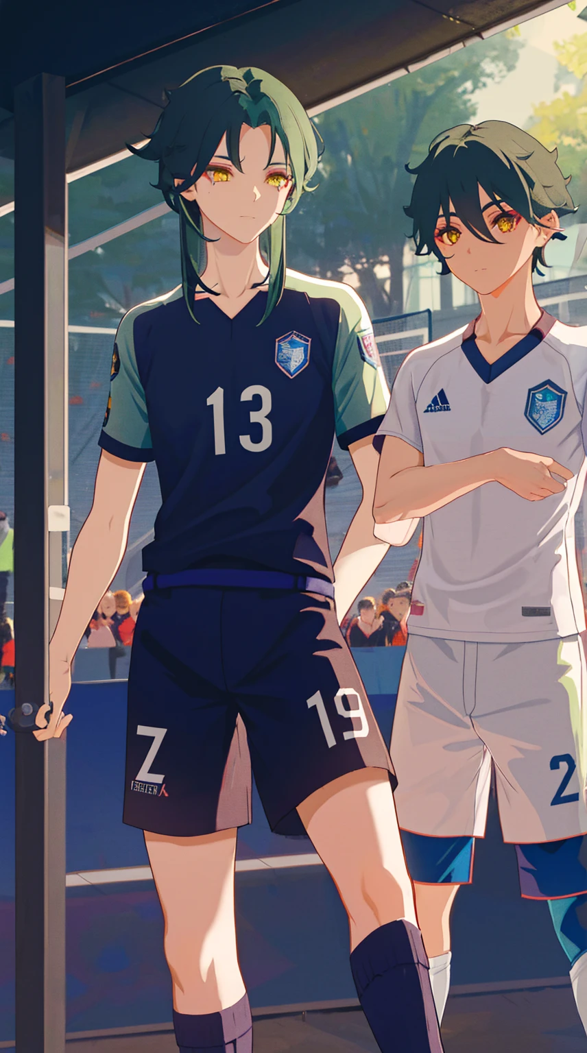 2 boys,dark green hair,highest quality,masterpiece,excessive,male focus,yellow eyes,beautiful eyes,beautiful boy,School,between men,Spouse,soccer club members,Blue soccer uniform,soccer,high school,soccer uniform,blue clothes,soccer court,teammates,same clothes,shoulder to shoulder,feminine,good friend,best image quality,