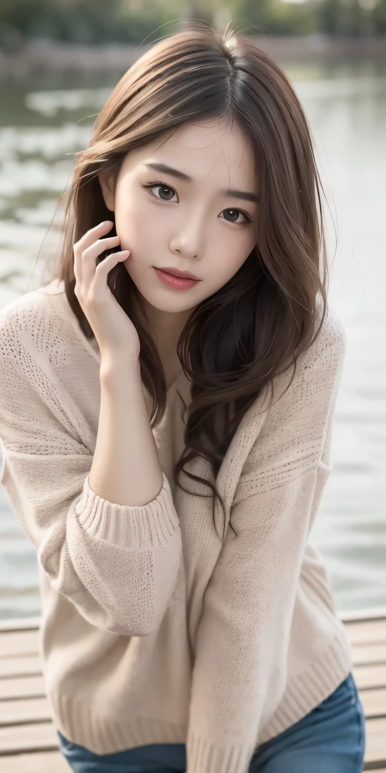 a girl walking on the river, mix 4, sweater, pillow, lips, Open_mouth, realistic, photograph_\(Moderate\), alone, Packed_animal, Packed_toy, teddy_bear,(masterpiece),(photographrealistic:1.3), Super detailed, (high definition skin:1.2),(highest quality:1.0), (ultra high resolution:1.0), (Ulzzang-6500:0.3), wavy fine hair, long hair, sunlight, (Beautiful and detailed makeup), (Sexually aroused and blushing、breathing is rough:1.0), Scattered with flower theme petals, (Flowers with a soft glow:0.5)