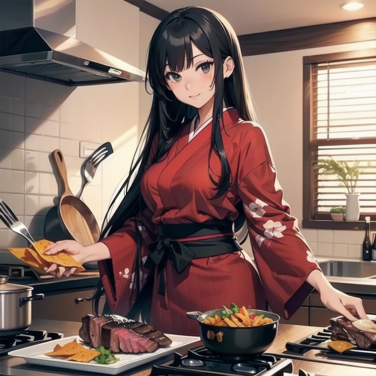 1girl, anime, black eyes, long black hair with square bangs, very long black hair, super long black hair, skirt and stockings, heels, black Japanese style kimono mixed with ribbed black sweater with red accents and sakura floral design, ((ribbed black sweater)) adult, (Japanese shrine/temple background), kimono sleeves, garter, graceful, (((cooking beed steak in kitchen))), sushi on countertop, mountain dew energy drink/soda on countertop, bag of dorito chips on countertop, lots of completed dishes everywhere, (((lots of completed dishes in the background)))