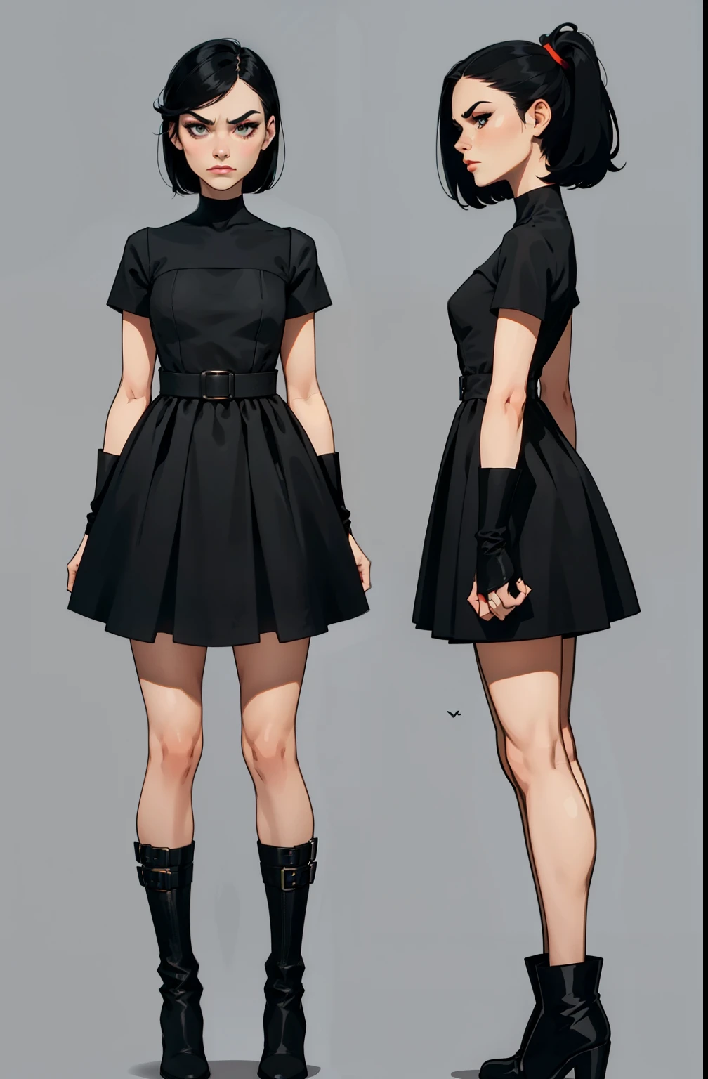 modelsheet, makeup, Soft or colored lips, simple black background, minimalism, monotonous, bright color palettes, , grumpy face, short dress, exposed feet, short black dress, boots, straight hair tied up, perfect anatomy, perfect hands, wind in dress, modelsheet, model sheet

