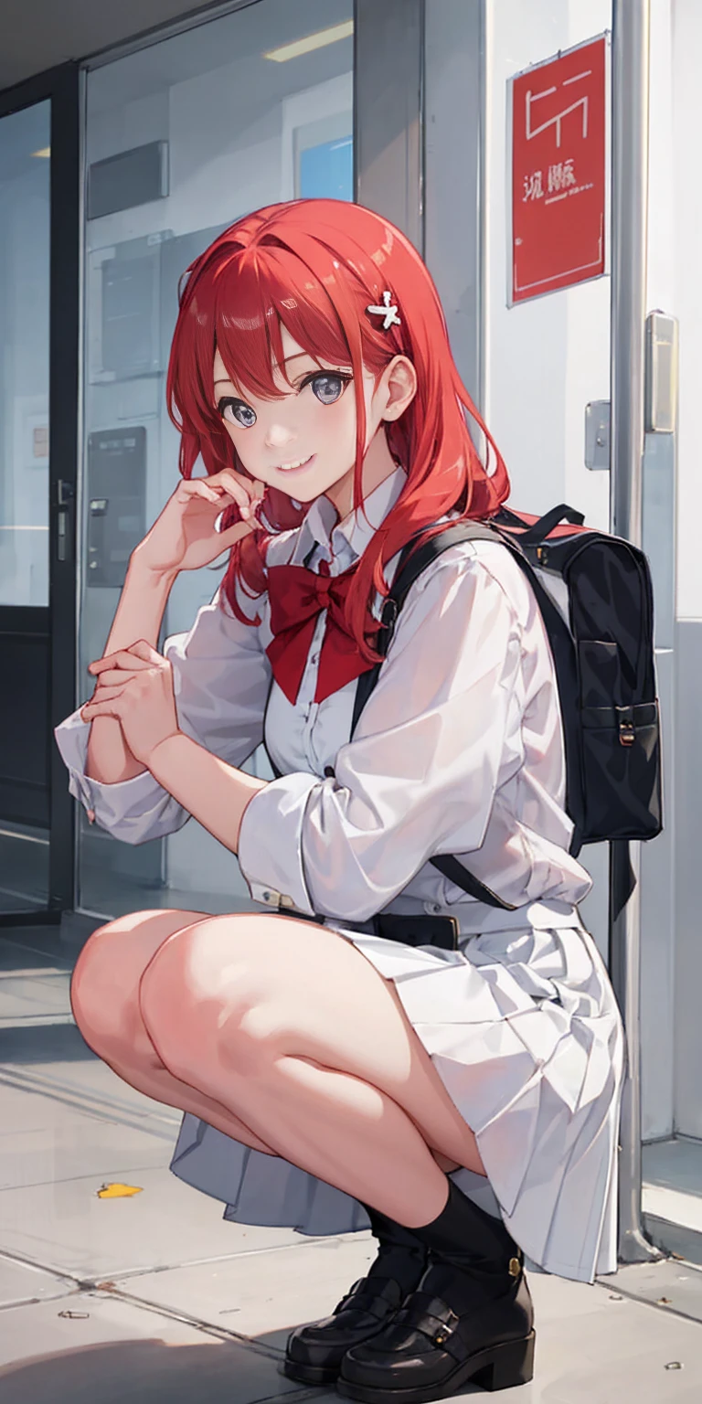 Masterpiece to the smallest detail、top-quality、1girl in、Solo looks 、150cm petite beautiful girl、small tits、12-year-old baby face、red hairs、Gradient bob in the forward、Pink and violet mesh、red eyes、Red eyes、Tall, big eyes、Outstanding looks、A lovely child、proximity、closed_mouth、a smile、red blush、full of shyness、blue headwear、Hats、pink bowtie、校服、 Blue jacket、jaket、skirt by the、Gray skirt shirt、white shirt、an legs、Black socks、sitting on、Classroom、hair_ornament、looking_at_viewer、beatiful detailed eyes、Akame、panties on、lift up one's skirt、Professional effects、