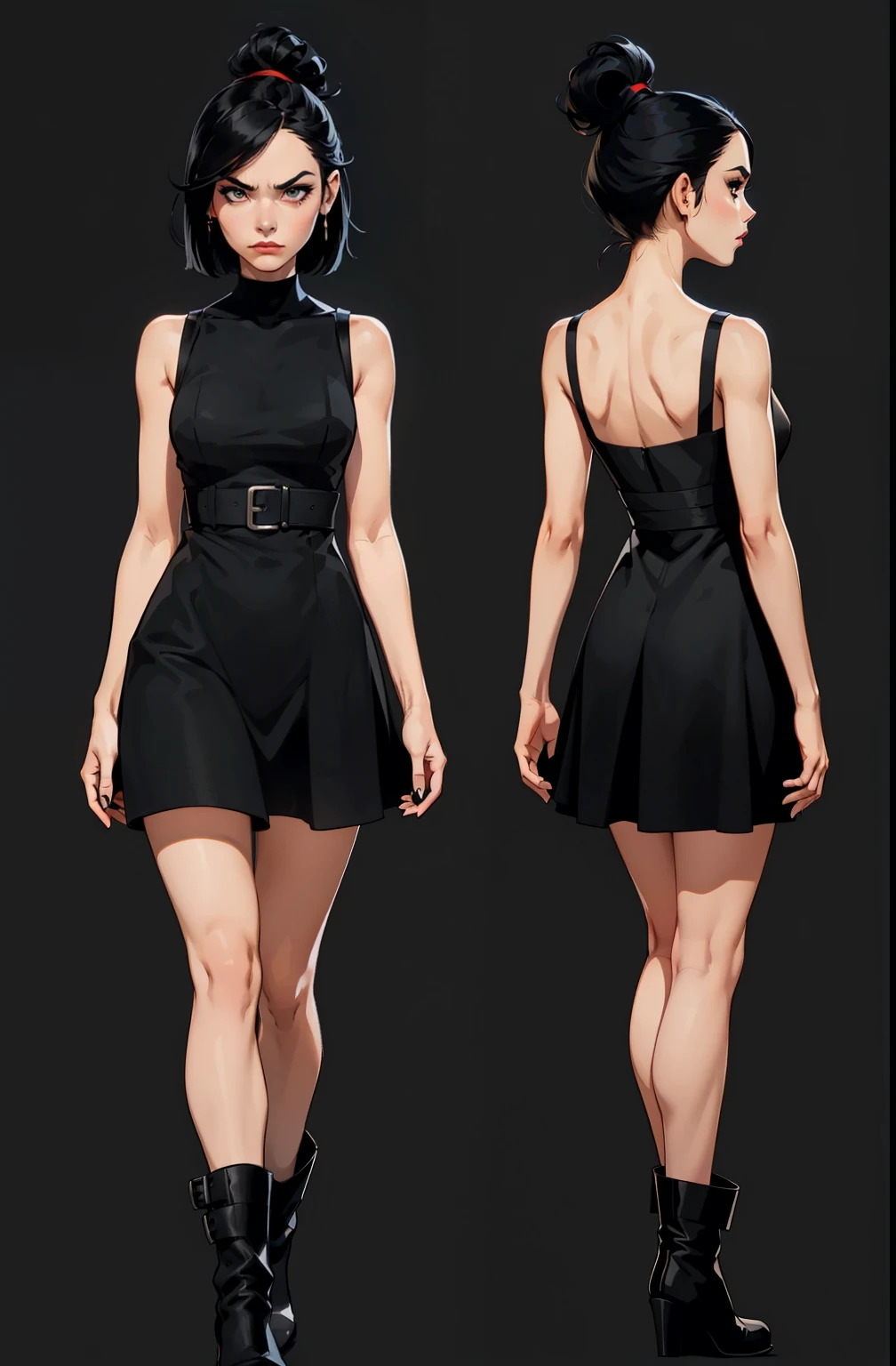 modelsheet, makeup, Soft or colored lips, simple black background, minimalism, monotonous, bright color palettes, , grumpy face, short dress, exposed feet, short black dress, boots, straight hair tied up, perfect anatomy, perfect hands, wind in dress, modelsheet, model sheet

