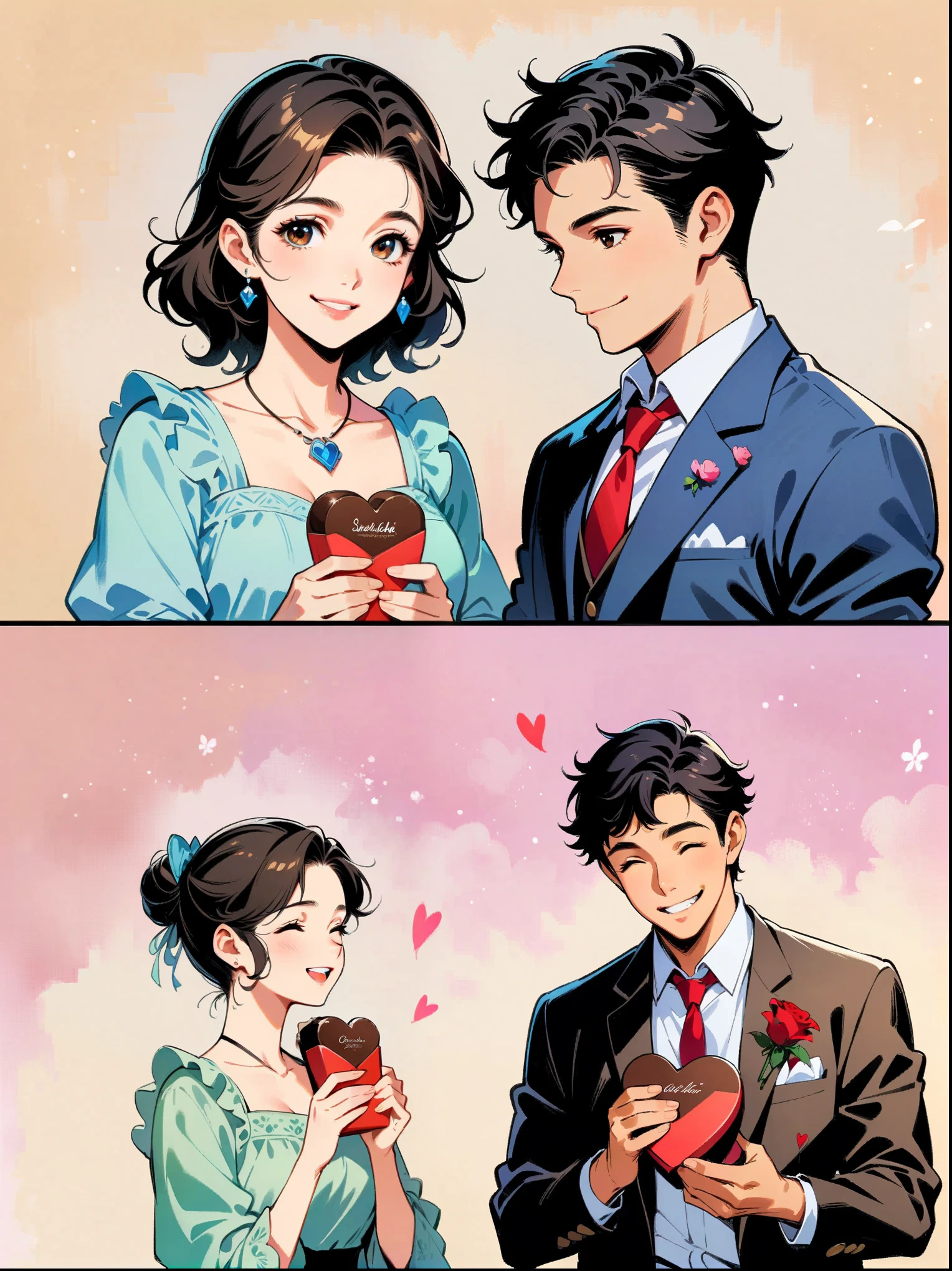 ink style, masterpiece，masterpiece, collage of couple, 1 guy, 1 woman, valentine, happy, smile, chocolate, roses, hearts，animation aesthetics, (Ghibli style colors, ultra high definition, masterpiece, precise, anatomically correct, textured skin, Super details, 8K)