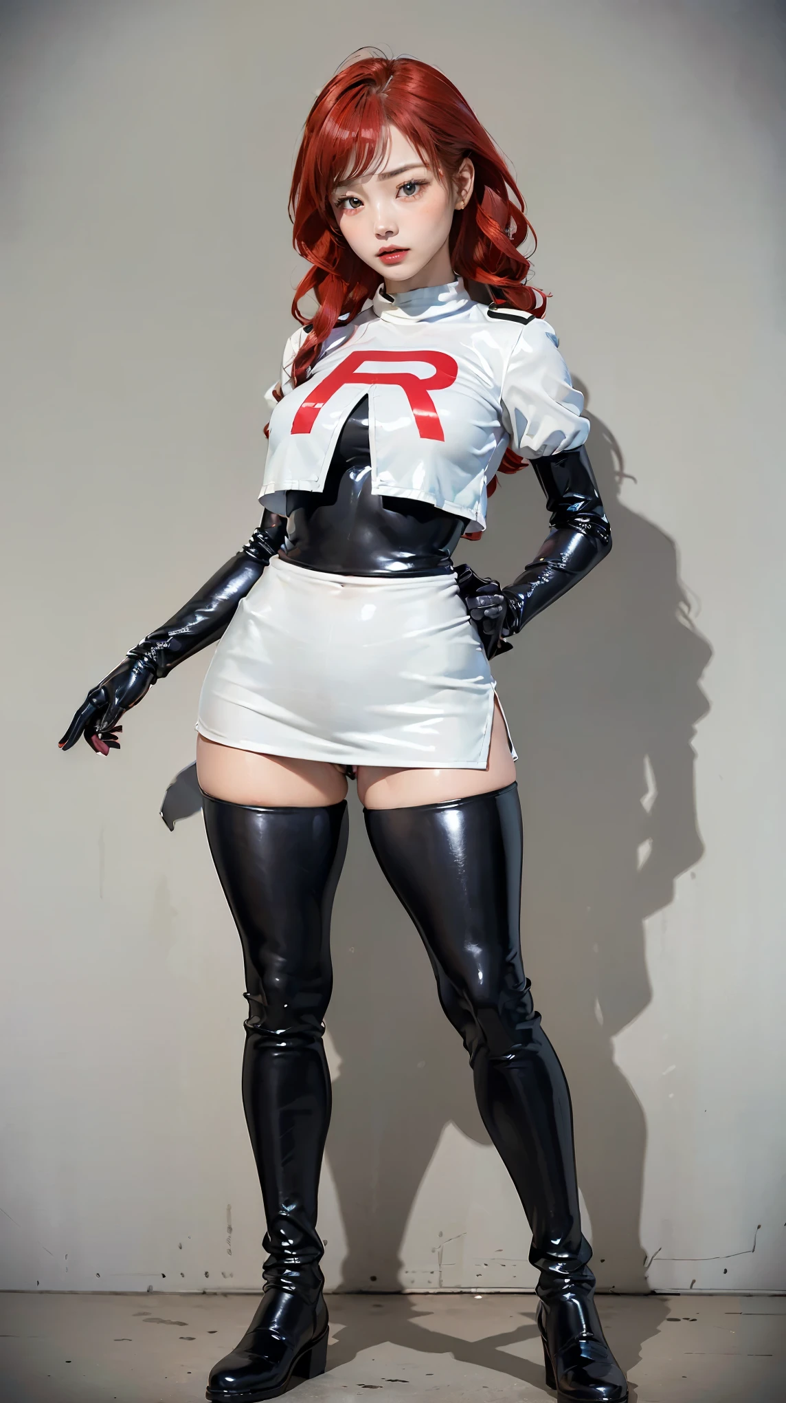 (masterpiece,highest quality,In 8K,Super detailed,High resolution,Realistic,absolutely:1.2),(A female officer of Team Rocket is walking.:1.5),(Always alone:1.5), (Wearing Team Rocket&#39;s uniform,A large red R is painted on the chest.:1.5),(cute type of woman:1.4),(Detailed facial depiction, How the bad guys laugh:1.4), (french twist hair, pale red hair:1.5),(beautiful hands:1.4),(fine hands:1.2),(wallpaper:1.5),(cowboy shot:1.5),(overlook:1.5), (20 year old Japanese woman,clothing that fits,Make your skirt very short, Black patent leather gloves, Black patent leather long boots:1.3), (secret society hideout), (camel toe:1.3), (flat chest, big butt, thick thighs:1.3), (A is being looked at from below.:1.4)