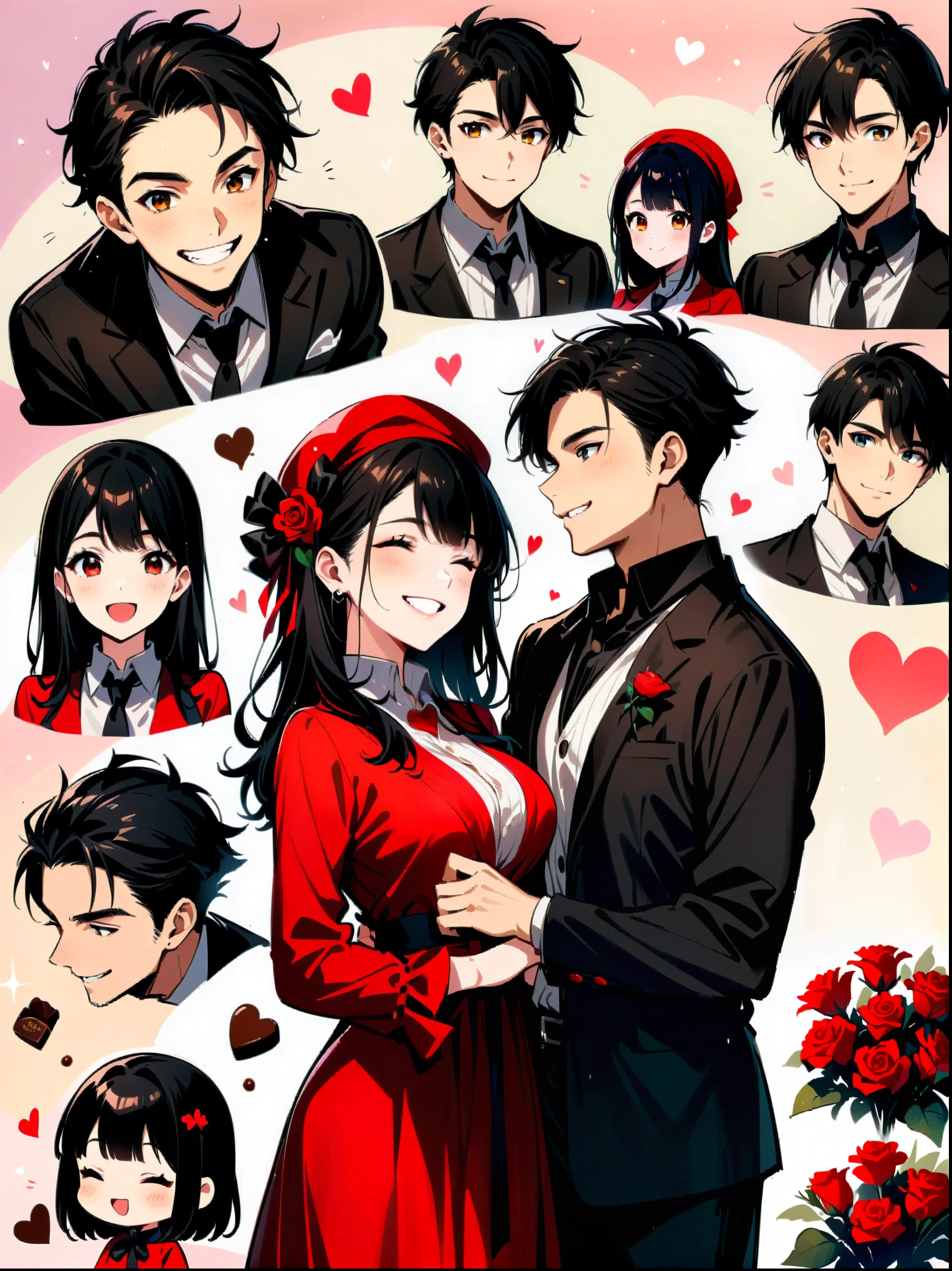 masterpiece，masterpiece, collage of couple, 1 guy, 1 woman, valentine, happy, smile, chocolate, roses, hearts