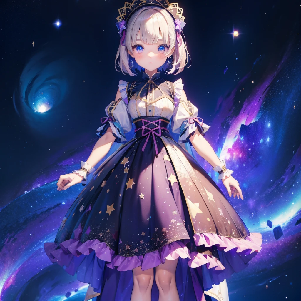 1girl、vtuber-fullbody、Star Fairy、「A beautifully printed galaxy patterned kimono and gothic ****ta outfit.、Space pattern box pleated mini skirt with ruffles、Front full body portrait、enchanting eyes、Perfect and stunning face、exquisite details、clear image、highest quality。」short hair、