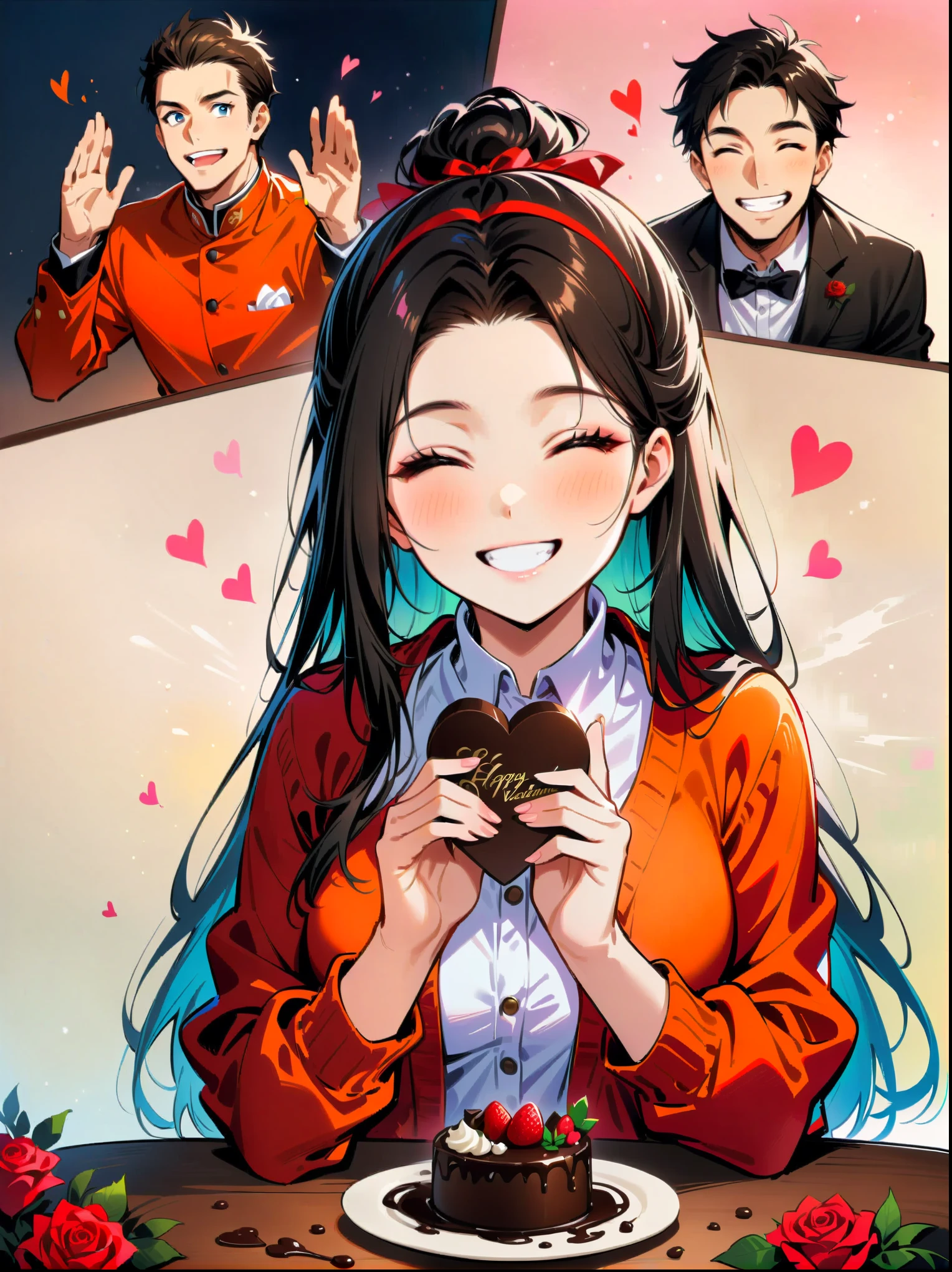 masterpiece,masterpiece, collage of couple, 1 guy, 1 woman, valentine, happy, smile, chocolate, roses, hearts