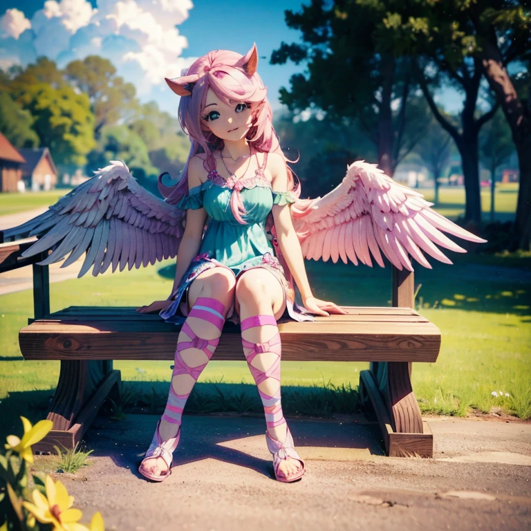 there is a woman sitting on a bench with wings on it, anime styled 3d, sitting on bench, sitting on a bench, realistic anime 3 d style, sitting on a park bench, with hooves and wings, anime in fantasy style, anime girl cosplay, 3 d anime realistic, anime cosplay, anime stylized, anime style mixed with fujifilm