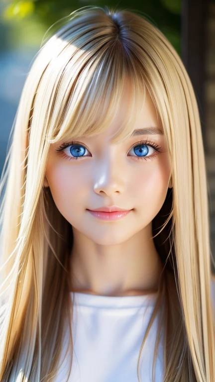 real photo quality、extraordinary sexy beauty、Beautiful calm and bright expression、Sexy refreshing look、Long bangs that fall on a perfect beautiful cute face、Super long blonde straight silky hair、blonde on a beautiful face、Very cute beautiful sexy young little woman、very perfect beautiful cute face、Beautiful bright sky blue eyes、very big eyes、hair above eyes、片hair above eyes、hair between eyes、Very radiant white skin、cheek gloss