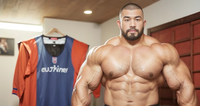 (smirking rugby player:1.4), (at bed room:1.4), (Japanese face:1.4), (Korean face:1.4), (Chinese face:1.4), (Taiwanese face:1.4), manly face, fat face, (round face:1.4), (monolid eyes:1.2), (buzz cut:1.5), very large and strong body, bulky body, beefy muscles, (bulging muscles:1.4), (very large pectoral muscles:1.4), (muscular arms:1.4), muscular abs, muscular legs, muscular back, bright oily skin, (realistic:1.2), distant view