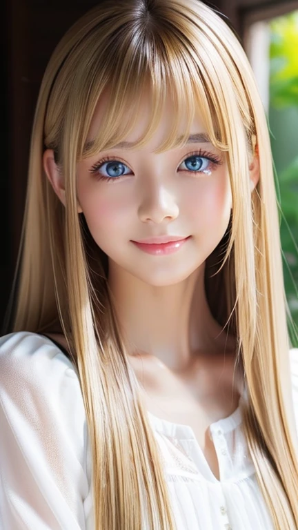 real photo quality、extraordinary sexy beauty、Beautiful calm and bright expression、Sexy refreshing look、Long bangs that fall on a perfect beautiful cute face、Super long blonde straight silky hair、blonde on a beautiful face、Very cute beautiful sexy young little woman、very perfect beautiful cute face、Beautiful bright sky blue eyes、very big eyes、hair above eyes、片hair above eyes、hair between eyes、Very radiant white skin、cheek gloss