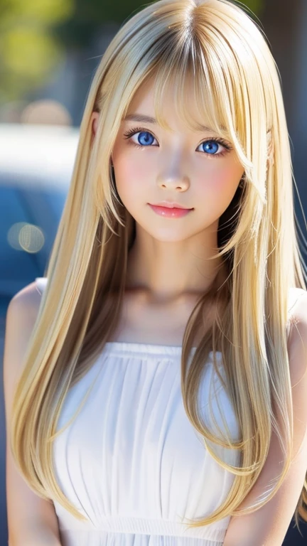 real photo quality、extraordinary sexy beauty、Beautiful calm and bright expression、Sexy refreshing look、Long bangs that fall on a perfect beautiful cute face、Super long blonde straight silky hair、blonde on a beautiful face、Very cute beautiful sexy young little woman、very perfect beautiful cute face、Beautiful bright sky blue eyes、very big eyes、hair above eyes、片hair above eyes、hair between eyes、Very radiant white skin、cheek gloss