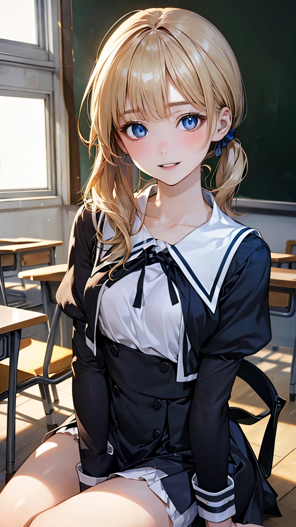 (masterpiece:1.2, top-quality), (realistic, photorealistic:1.4), beautiful illustration, (natural side lighting, movie lighting), nsfw, 
looking at viewer, 1 girl, japanese, high school girl, perfect face, cute and symmetrical face, shiny skin, 
(long hair, small (side ponytail tied with blue ribbon), (blonde hair)), crossed bangs, blue eyes, long eye lasher, (medium breasts), slender, 
beautiful hair, beautiful face, beautiful detailed eyes, beautiful clavicle, beautiful body, beautiful chest, beautiful thigh, beautiful legs, beautiful fingers, 
(YurigaokaUniform), 
(beautiful scenery), morning, (classroom), sitting, (lovely smile, upper eyes, parted lips),