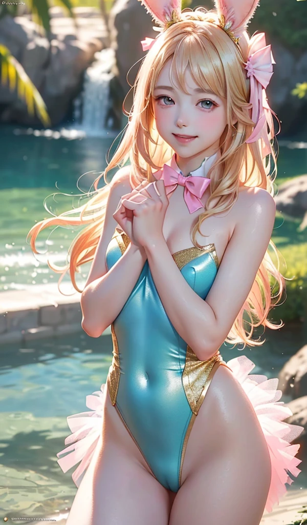masterpiece, best quality, extremely detailed CG unity 8k wallpaper, (Upper Body head close-up shot of a beautiful ), , Elegant Long straight blonde hair, (Mckenna Grace), (flat chest,thighs), (pink-Cyan) golden (Glittering tutu,long Bunny Ear Headgear, , Bow-tie, No panties, genitals visible), (spread legs), (Blush), oil skin, (seductive smile), (Wonderland), pretty face, key art, award winning, intricate detail realism hdr, by (ruan jia and artgerm and range murata), Photorealism, Hyperrealism, ultra realistic, dramatic light, intense shadows, gorgeous view, depth of field
 
