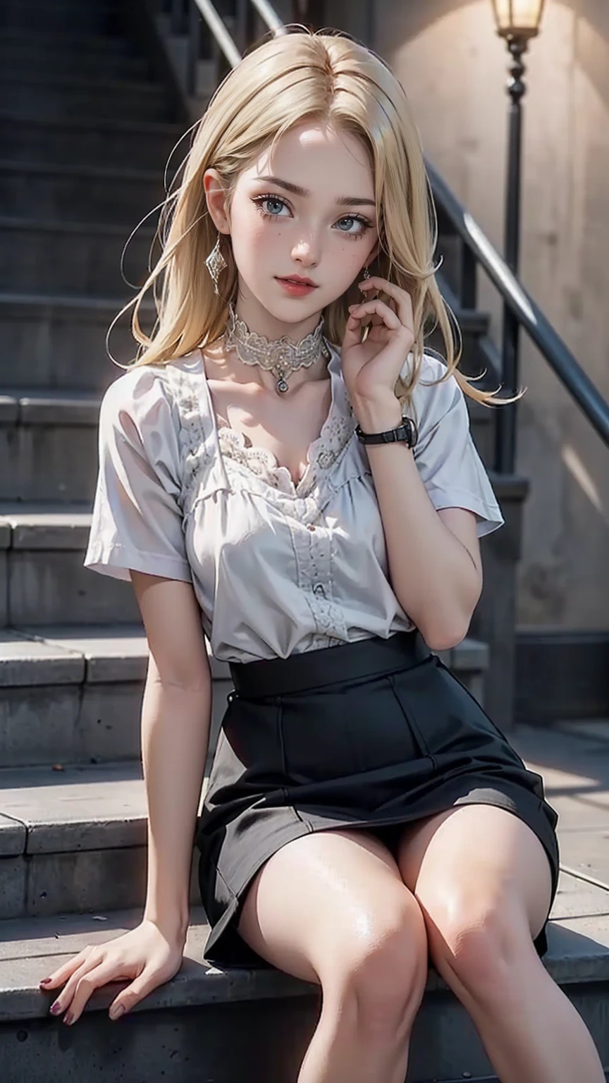 ((最high quality, 8K, masterpiece: 1.3, Ultra HD, high quality, 最high quality, High resolution, realism)) 、(high color saturation:1.0), (highly detailed skin), (最high quality:1.0), (超High resolution:1.0) ,(realistic:1.0), (Super detailed:1.0), (8K, Raw photo:1.1), slender、Slender, muscular body that's toned like an athlete's、I don't want my head to disappear from the screen.、Wear accessories on your wrist、Wearing red nail polish、I have a peticure、cinematic lighting, sparkle 、25 year old white woman、platinum blonde、long hair、blue eyes、hair above one eye、smile、Wear a lace choker、Wear a lace-decorated dress、flare skirt((flare skirt))wear、Stone apartment on New York's Upper West Side、Sit down on the steps at the entrance、smile((smile ))