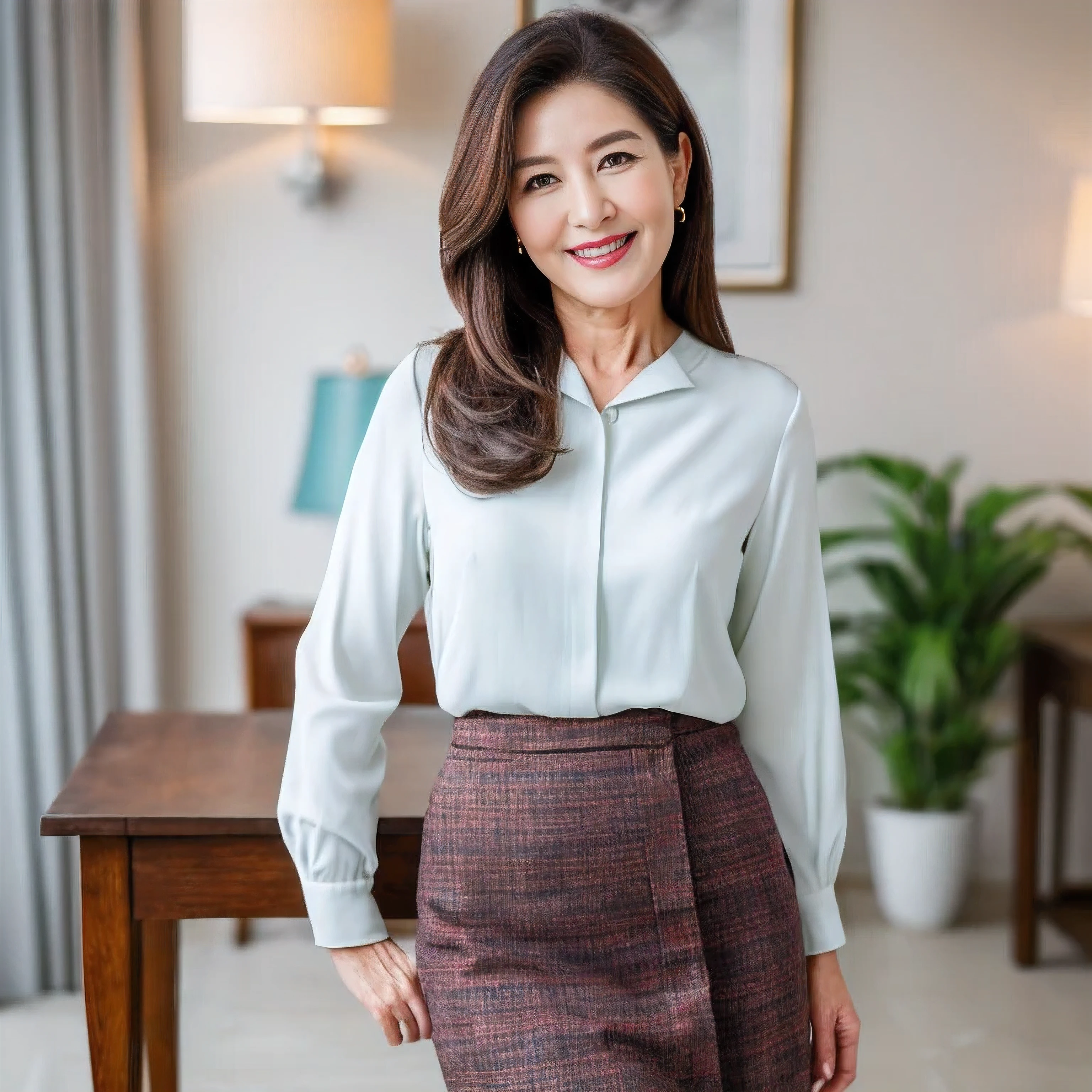 ((highest quality、table top、8K、best image quality、hyper realism))、(1 40 year old mature woman:1.2)、look at me and smile、Tight Skirt、skirt without creases、elegant plain blouse、Causal and elegant clothing、elegant posture、elegant hairstyle、(perfect anatomy:1.1)、(upper body photo:1.2)、straight hair、bright and vivid、standing in a residential area