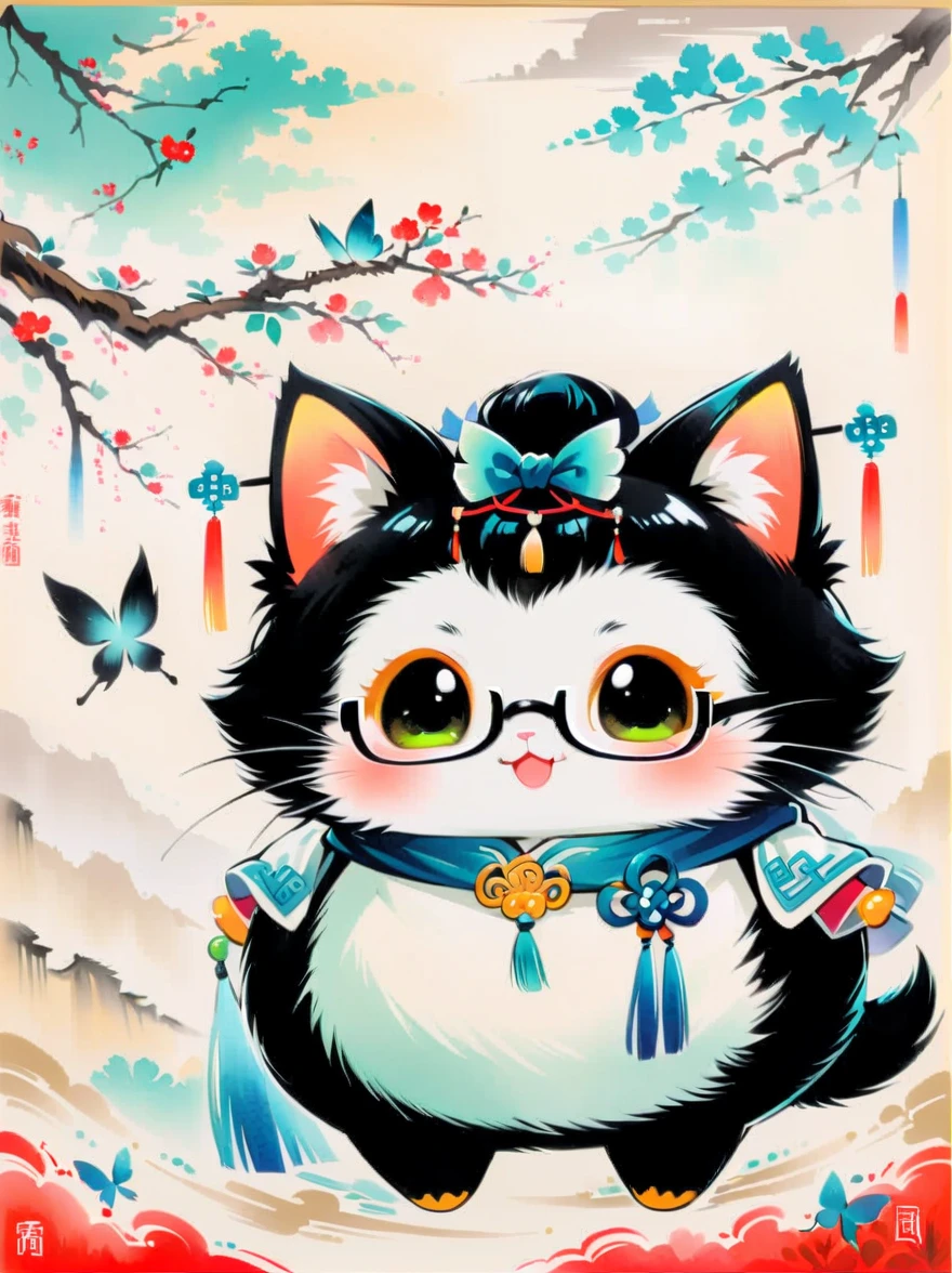 Close-up, Chinese traditional elements, Chinese Ancient Tang Dynasty,cute kitty is playing butterflies, wearing glasses, happy,exaggerated expression,colourful ink wash painting, delicate brushstrokes, rich details, high quality, movie-level lighting, cute, chubby, chibi,fuzzy,I can't believe how cute it is