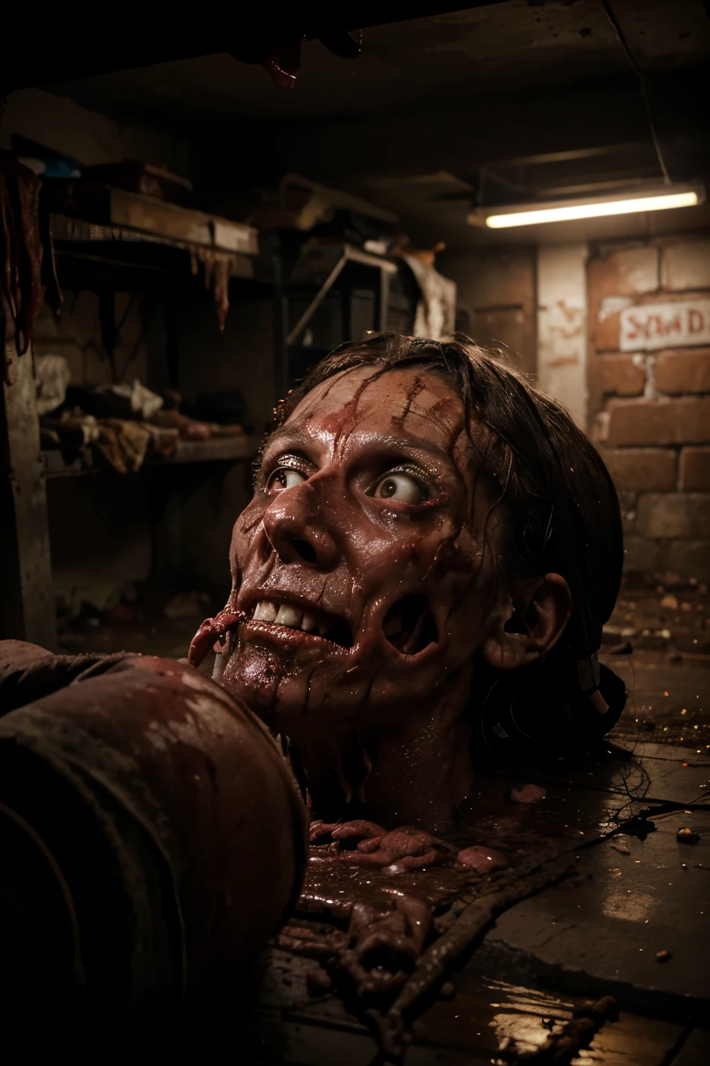 Create an image of the rotting corpse of a whose certain body parts are cut off as human meat, located in a dark and disgusting, gory basement.