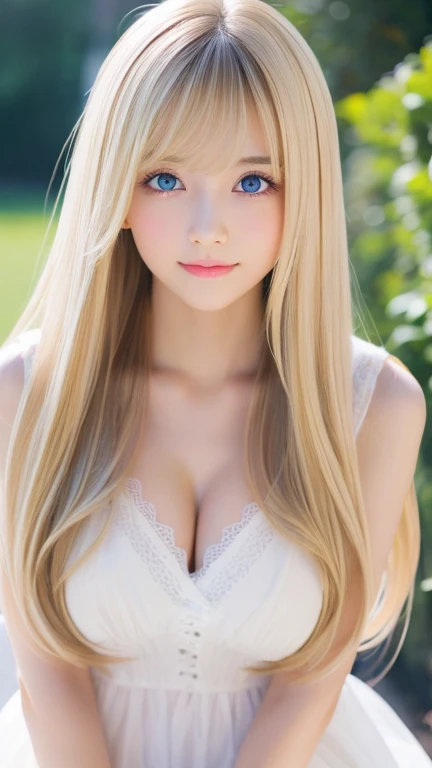 real photo quality、extraordinary y beauty、Beautiful calm and bright expression、Sexefreshing look、Long bangs that fall on a perfect beautiful cute face、Super long blonde straight silky hair、blonde on a beautiful face、Very cute beautiful sexy yg little woman、very perfect beautiful cute face、Beautiful bright sky blue eyes、very big eyes、hair above eyes、片hair above eyes、hair between eyes、Very radiant white skin、cheek gloss