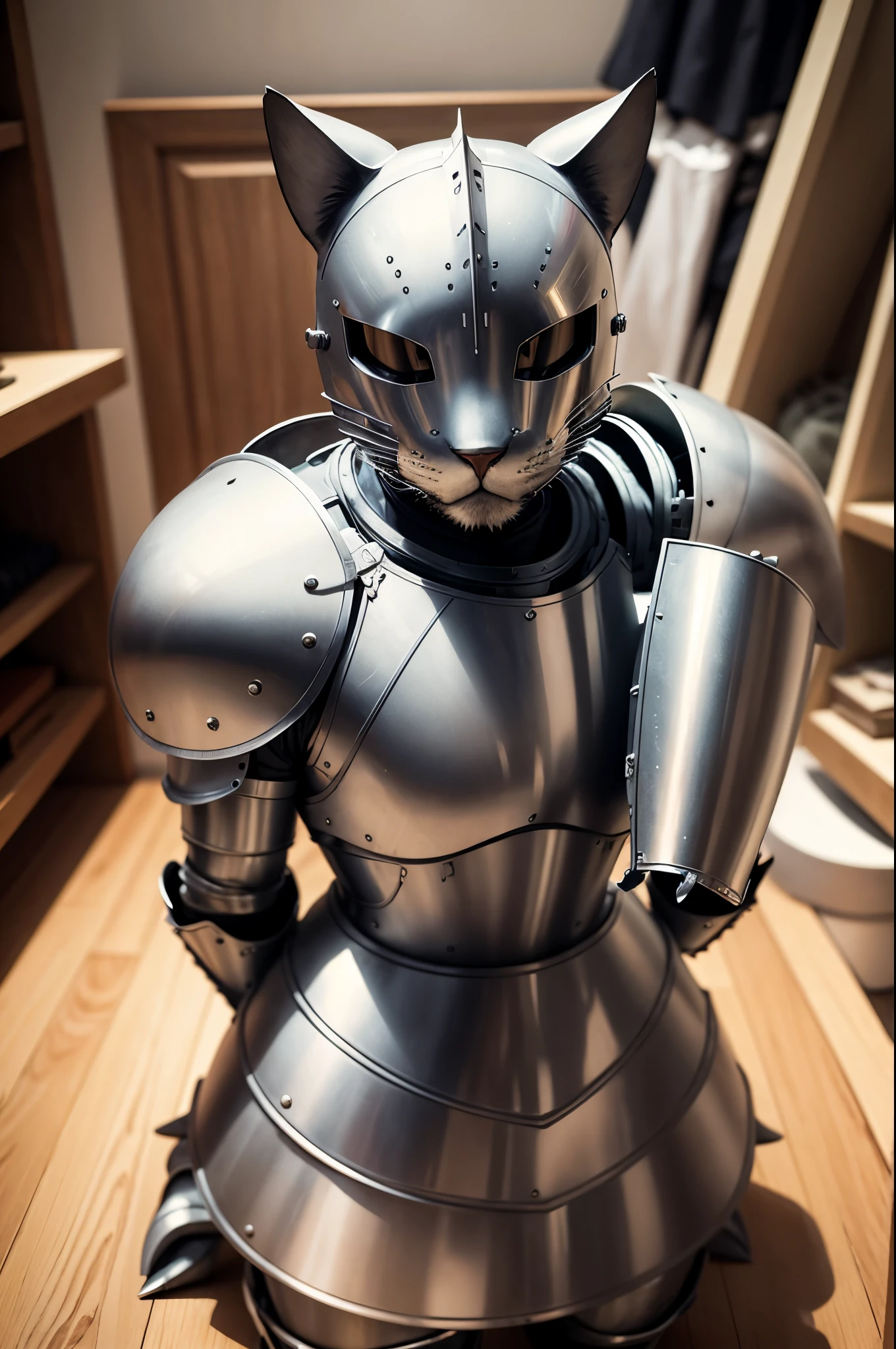 (masterpiece, best quality), best resolution, suit of plate armor with cat motif on display