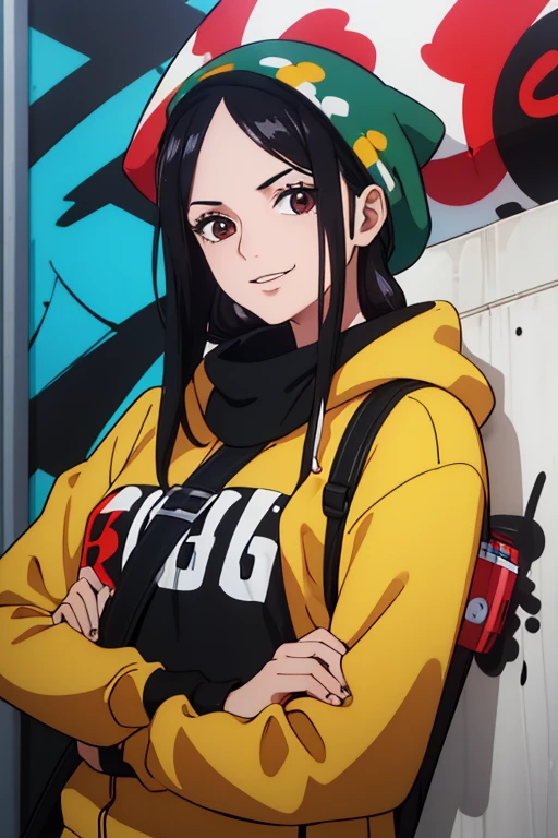 (best quality,4k,8k,highres,masterpiece:1.2), ultra-detailed, Animated, girl, mature face, long black hair, brown eyes, black hair, graffiti, girl graffer, durag, cool girl, flat, smile, covid mask