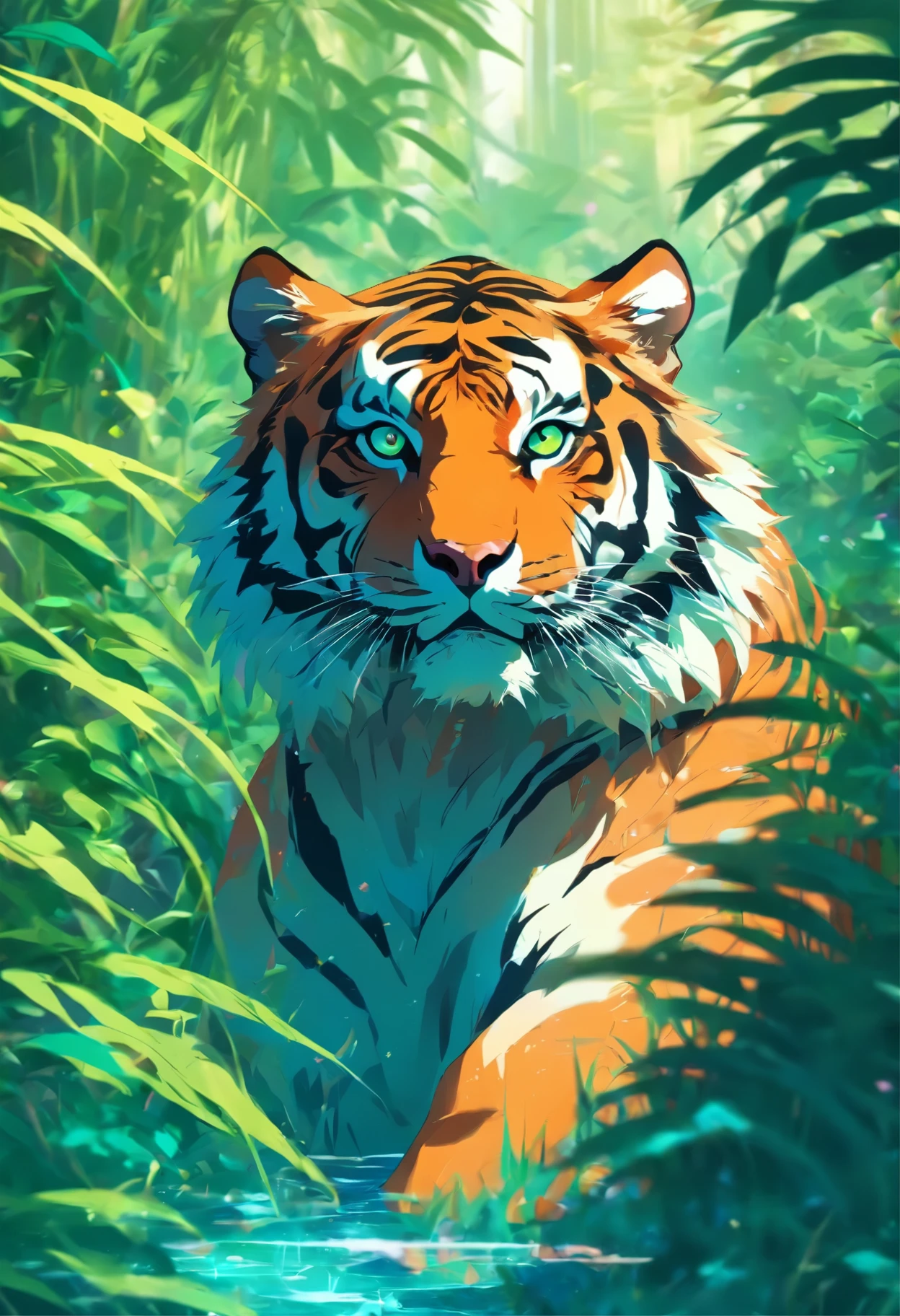 a tiger in the jungle with blue eyes and green grass, ((tiger)), jen bartel, martin ansin, amazing wallpaper, tiger, tiger_beast, by Kilian Eng, highly detailed vector art, a tiger, profile picture 1024px, amoled wallpaper, phone wallpaper hd, style of kilian eng, hd phone wallpaper, mobile wallpaper